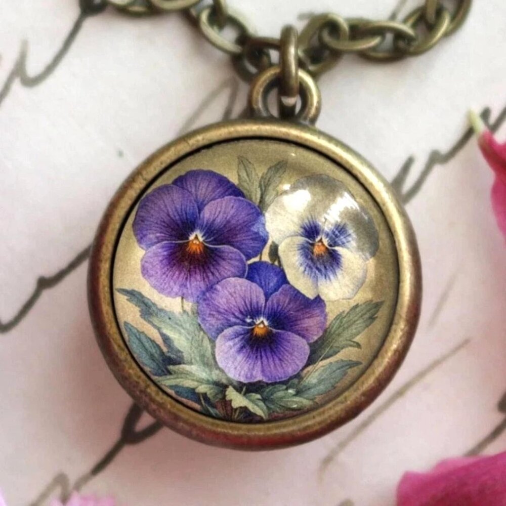 Purple Pansies Flower Necklace -‎ Spring Floral Pendant - Vintage Jewelry